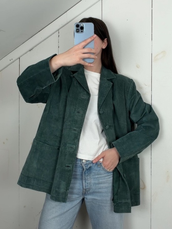 stan herman Jackets & Blazers - Vintage Teal Blue Green Suede Leather Button Front Chore Jacket Women’s‎ XL Y2K
